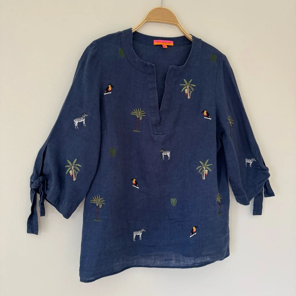 Vilagallo Navy Linen Embroidered Tropical Blouse with Toucan & Palm Motifs Sz 12 - Picture 3 of 13